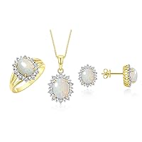 Rylos Women's 14K Yellow Gold Princess Diana Inspired Set: Ring, Earrings & Pendant with Chain. Gemstone & Genuine Diamonds, 9X7MM & 8X6MM Earrings Birthstone. Exquisitely Matching Gold Jewelry.