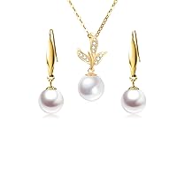 SISGEM 14k Gold Diamond Pineapple Pearl Necklace and 18k Gold Pearl Dangle Earrings for Women