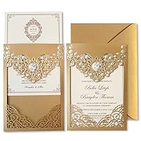 25Pcs Customized Laser Cut Pocket Wedding Invitations with Gold Envelope Upgraded 5 x 7” Invitation Cards for Wedding/Bridal Shower/Birthday Party 127 x 185mm - Set of 25