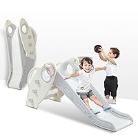 Onasti Kids Slide for Toddlers Age 1-3 Indoor Baby Plastic Slide Outdoor Climber Freestanding Playset with Basketball Hoop & Ring Game Grey