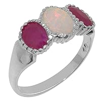 18k White Gold Natural Opal & Ruby Womens Trilogy Ring - Sizes 4 to 12 Available
