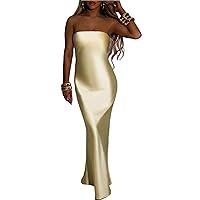 JUMISEE Women's Satin Strapless Maxi Dress Sexy Sleeveless Backless Draped Bodycon Long Cocktail Evening Party Dress