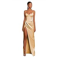 Spaghetti Straps Prom Dress for Women Corset Satin Formal Dress with Slit V Neck Mermaid Evening Gowns BU079
