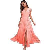 Chiffon V-Neck Junior Bridesmaid Dresses with Sleeves Long A-line Formal Dresses for Women 2021