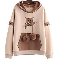 Women Cute Hoodie Girl Cartoon Bear Embroidery Long Sleeve Hoodie Patchwork Kawaii Sweatshirt