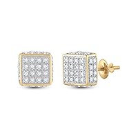 The Diamond Deal 10kt Yellow Gold Mens Round Diamond 3D Square Stud Earrings 1/4 Cttw