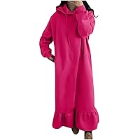 Long Hoodie Dress for Women Ruffle Hem Sweatshirt Maxi Dresses Fall Winter Pullover Hooded Tunic Dress with Pocket