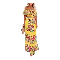 Women One Shoulder Floral Printing Maxi Dress Short Sleeve Flowy Boho Beach Dress Waist Tie A-line Ethnic Long Dress
