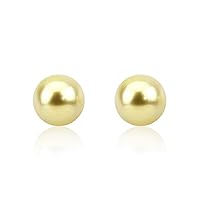 14K White Gold 9-10mm Golden South Sea Cultured Pearl Stud Earrings - AAAA Quality