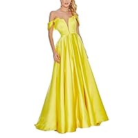 Prom Dresses 2021 Long V-Neck Satin Ball Gowns Off Shoulder A-Line Evening Dress Yellow
