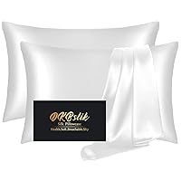 Silk Pillow Cases 2 Pack, Mulberry Silk Pillowcases Standard Set of 2, Health, Smooth, Anti Acne, Beauty Sleep, Both Sides Natural Silk Satin Pillow Cases for Women 2 Pack with Zipper for Gift,White