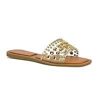 Womens Flat Gold Beaded Slider Ladies Slip On Casual Holiday Open Toe Sandal Size 5-10