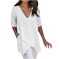 Womens Summer Blouses Comfy Cotton Linene V Neck Short Sleeve Tunic Tops Casual Plus Size Loose Fit Lightweight Plain T Shirt