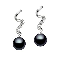 14k White Gold AAAA Quality Black Freshwater Cultured Pearl Diamond Dangle Earrings for Women - PremiumPearl
