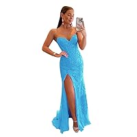 CWOAPO Strapless Lace Applique Tulle Prom Dresses with Slit Sweetheart Formal Dresses Backless Evening Gown for Women