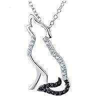 Round Cut Cubic Zirconia & Black Diamond Wolf Pendant Necklace For Womens & Girls 14k White Gold Plated 925 Sterling Silver.