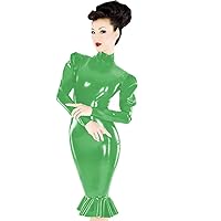 Plus Size Gothic Puff Sleeve Mermaid Dress Ladies PVC Midi Vestido (Green,5XL)