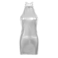 ACSUSS Womens Wet Look Patent Leather Halter Neck Sleeveless Low Back Bodycon Mini Dress for Party