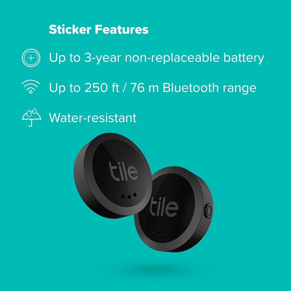 Tile Sticker 2-Pack. Small Bluetooth Tracker, Remote Finder and Item Locator, Pets and More; Up to 250 ft. Range. Water-Resistant. Phone Finder. iOS and Android Compatible.