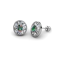 Oval Cut Created Alexandrite & Baguette Natural Diamond 1.16 ctw Women Milgrain Halo Stud Earrings 14K Gold