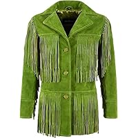 Women Western Fringes Leather Jacket Lime Green Classic Style Real Suede Jacket 5937
