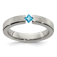 Edward Mirell Titanium Brushed Engravable Satin Blue Topaz 4mm Band Jewelry Gifts for Women - Ring Size Options: 10 10.5 11.5 12 9 9.5
