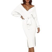 Pink Queen Womens V Neck Sweater Wrap Dresses Batwing Sleeve Elegant Holiday Bodycon Slit Maxi Long Knit Dress Belted White XL