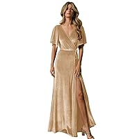 Women's Long Velvet Bridesmaid Dresses V Neck Ruffle Sleeve Wrap Formal Evening Prom Gown with Slit MA18