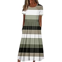 Holiday Working Short Sleeve Dresses for Womens Oversized Fun Crewneck Striped Womans Soft Cotton Comfy Frilly Green L