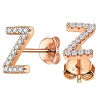 Hypoallergenic Initial Earrings Rose Gold Plated Dainty Minimalist Jewelry Cubic Zirconia Alphabet A-Z Letter Stud Earrings for Women Girls Sensitive Ears, Letter Z