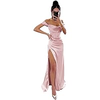 Off Shoulder Bridesmaid Dresses Satin for Women 2024 Ball Gown Mermaid Pleated Corset Prom Dress Long with Slit DE104