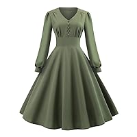 IMEKIS Retro 1950s Cocktail Dress for Women Vintage Long Puff Sleeve V Neck A Line Wedding Guest Dress