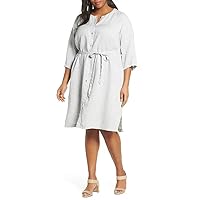 Plus Sparkle Organic Linen Blend 3/4 Sleeves Shirt Dress in Pearl