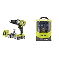 Ryobi 18 V ONE+ Cordless Combi Drill Starter Kit and Mixed Drilling and Driving Bit Set, 46 Piece