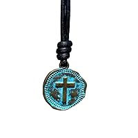 Cross Leather Necklace Mens - Men Cross Coin, Religious Pendant, Medallion Necklaces, Christmas Gift, Catholic Pendant, Christian Charms, Women Gifts to Husband Cute Crosses Best Friend (Patina)