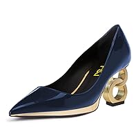 FSJ Women Classic Gold Chain Chunky Heel Pumps Pointed Toe Slip On High Heel Ladies Office Fashion Dressy Comfy Evening Shoes Size 4-16 US