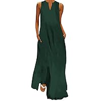 2024 Summer Dress Women Boho Floral Casual Maxi Sundress Solid Sleeveless Beach Flowy Long Dress with Pockets Vacation