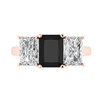 4.1 Brilliant Emerald Cut 3 Stone Solitaire W/Accent Natural Black Onyx Anniversary Promise Bridal ring Solid 18K Rose Gold