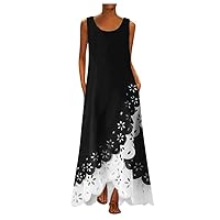 Women's Casual Dress Vintage Flouncing Hem Printed Crewneck Sleeveless Maxi Dress Long Dress
