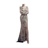 Women Sequin V Neck Long Sleeve with Split Cocktail Backless Dress Party Evening Formal Dress (Color : Golden, Size : Small)