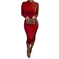Pink Queen Womens Turtleneck Long Sleeve Mid Length Bodycon Bandage Dress (X-Large, Red)