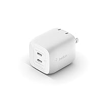 Belkin 45W Dual USB-C Wall Charger, Fast Charging Power Delivery 3.0 w/ GaN Technology for iPhone 15, 13, Mini, iPad Pro 12.9, MacBook, Galaxy S23, & More - White
