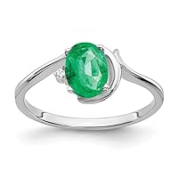 Solid 14k White Gold 7x5mm Oval Emerald Green May Gemstone Diamond Engagement Ring (.01 cttw.)