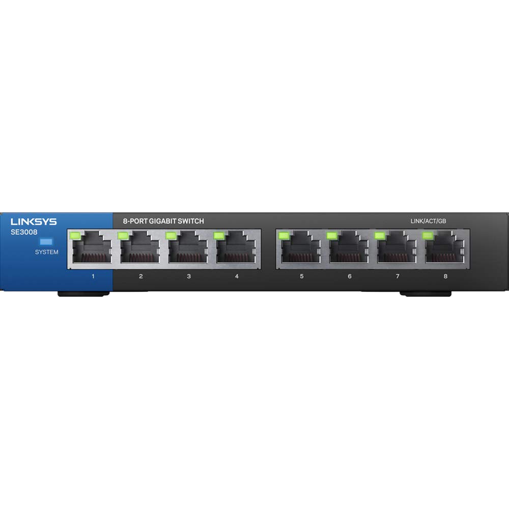 Linksys SE3008: 8-Port Gigabit Ethernet Unmanaged Switch, Computer Network, Auto-Sensing Ports Maximize Data Flow for up to 1,000 Mbps (Black, Blue)