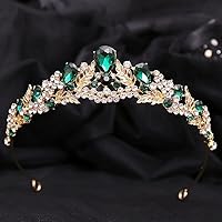 Forest Crystal Wedding Crown for Princess Bridal Dress Flower Tiaras Small Headbands Hair Jewelry Accessories (Gold Green)