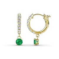 Round Emerald and Diamond 5/8 ctw Women Dangle Huggie Hoop Earrings 14K Gold