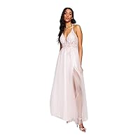 Blondie Nites Womens Pink Mesh Embroidered Embellished Zippered Slitted Lined Gauzy Halter Full-Length Evening Gown Dress Juniors 9