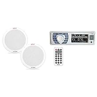 6.5 Inch Dual Marine Speakers - 2 Way Audio Stereo Sound System with 400 Watt Power - 1 Pair, White & Bluetooth Marine Receiver Stereo - 12v Single DIN Style Boat In dash Radio Receiver System (White)