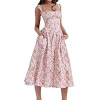Women Summer Boho Spaghetti Straps Square Neck Midi Dress Floral Print Sleeveless Vintage Tiered A Line Beach Dresses