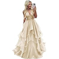 Women's Tiered Tulle Prom Dress Long Ball Gown Ruched V Neck Formal Evening Dresses